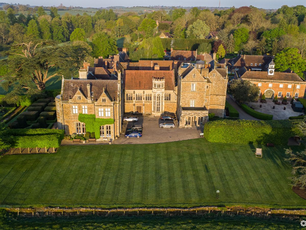 Aerial view of Canons Ashby House and gardens